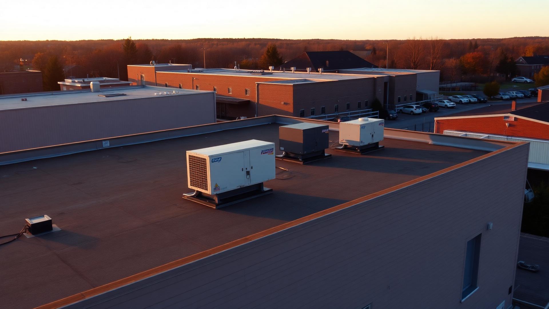 Commercial rooftop HVAC units over a Franklin County building at golden hour