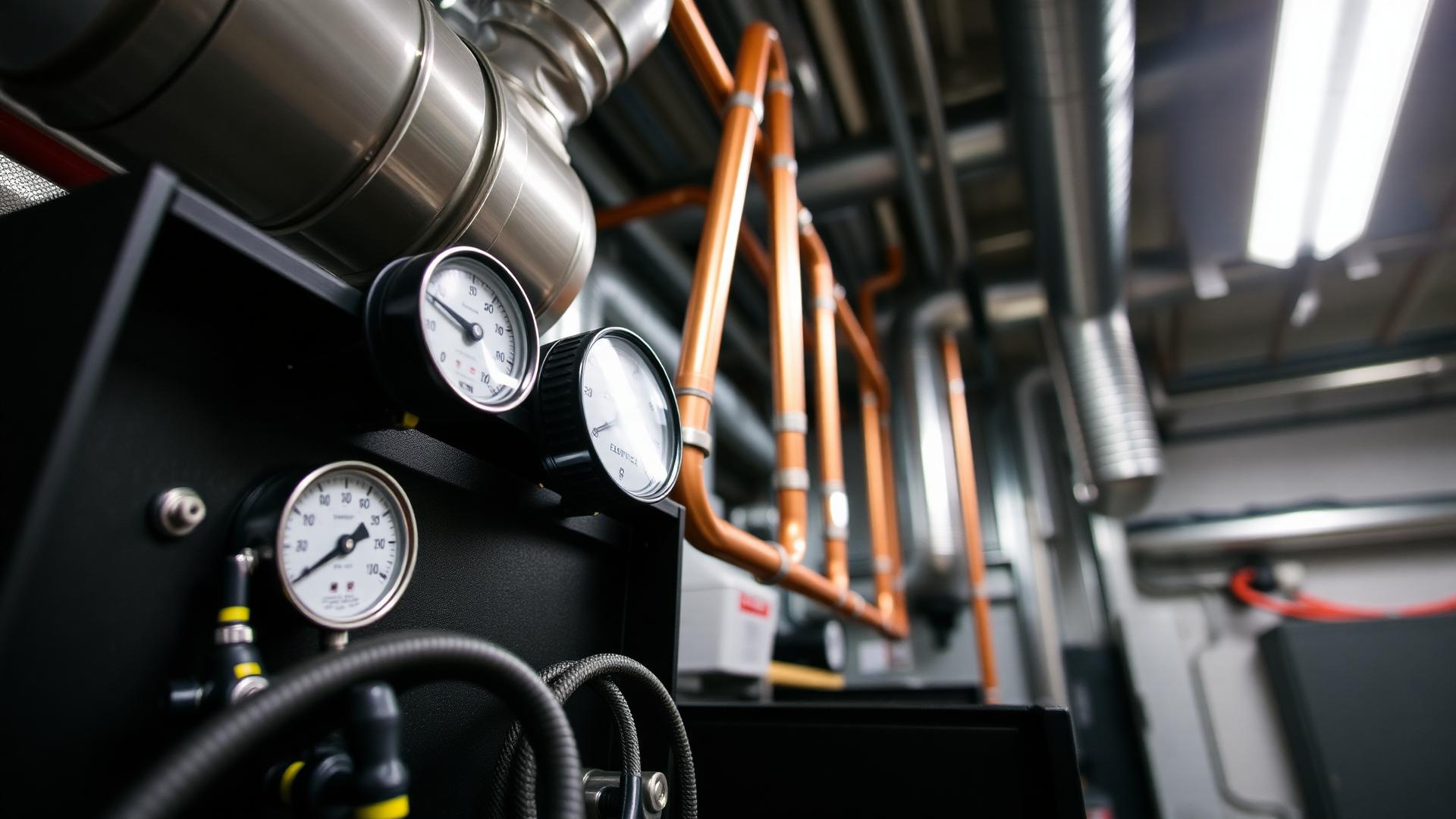 Precision HVAC gauges and copper line set in a mechanical room