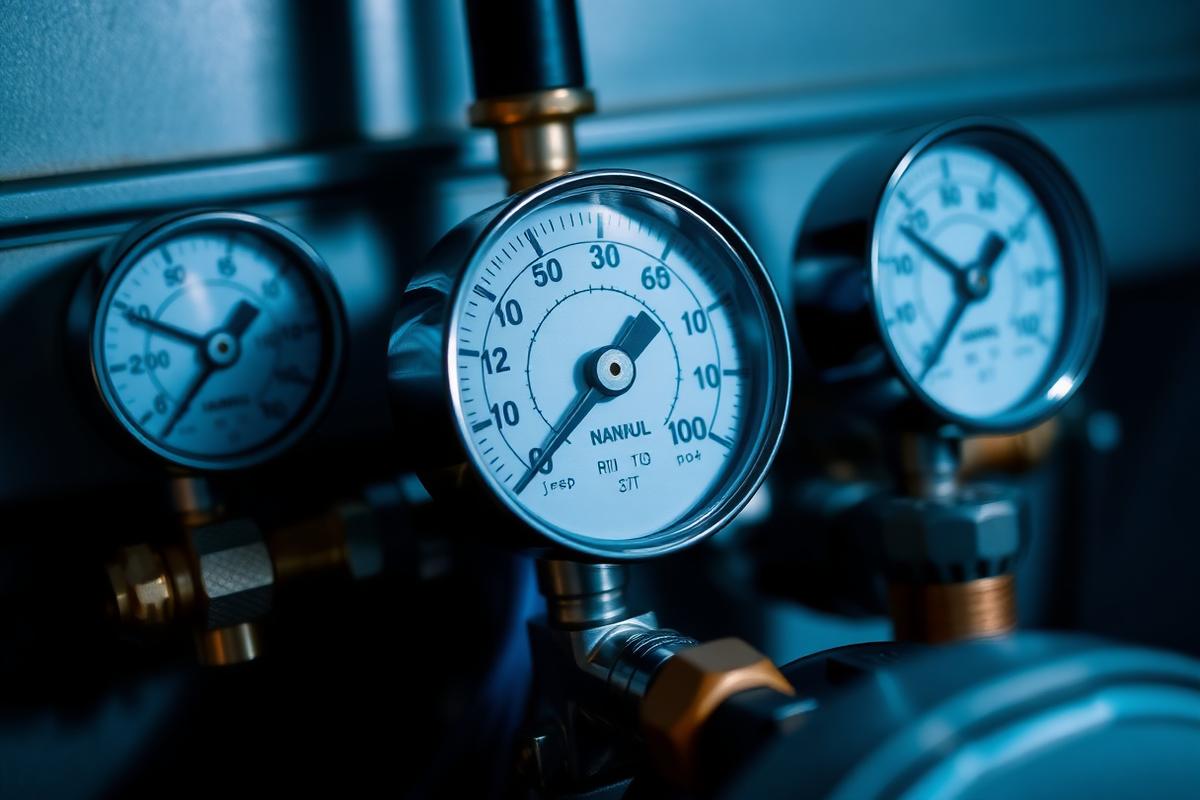 HVAC refrigerant manifold gauges connected to a service port