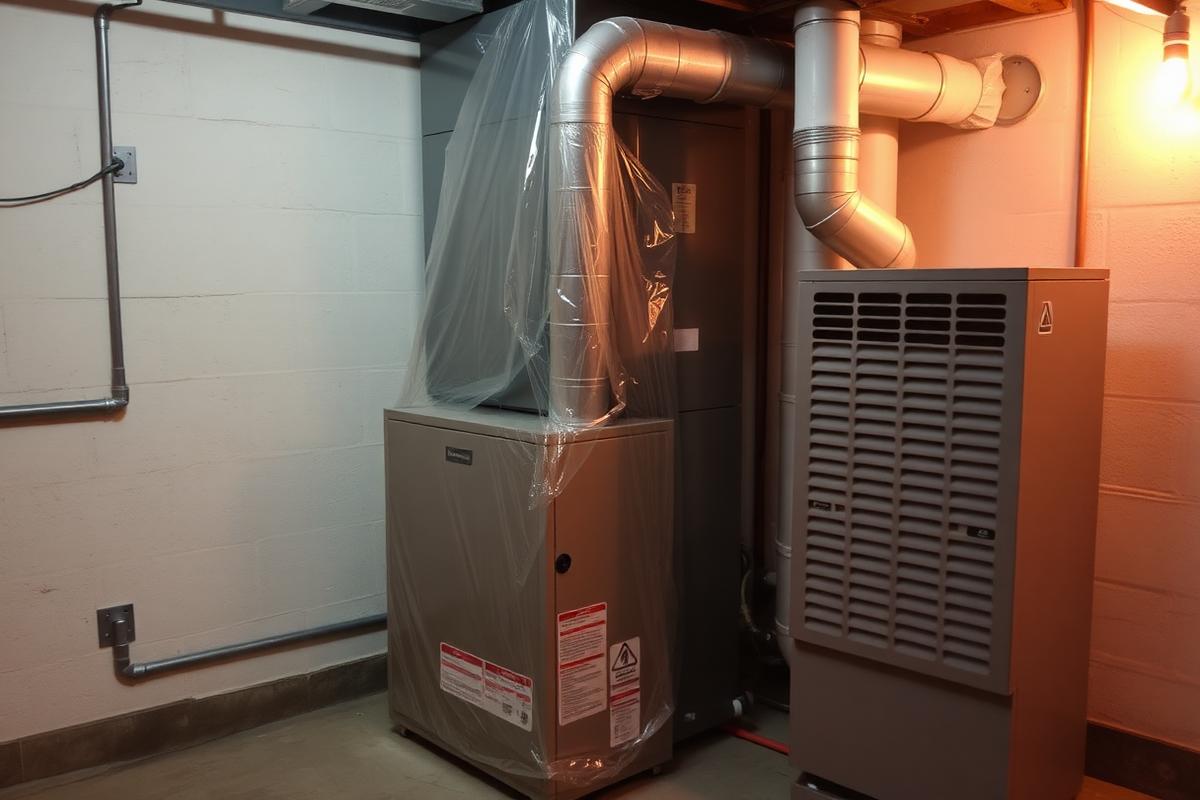 Newly installed residential furnace and air conditioner in a clean basement